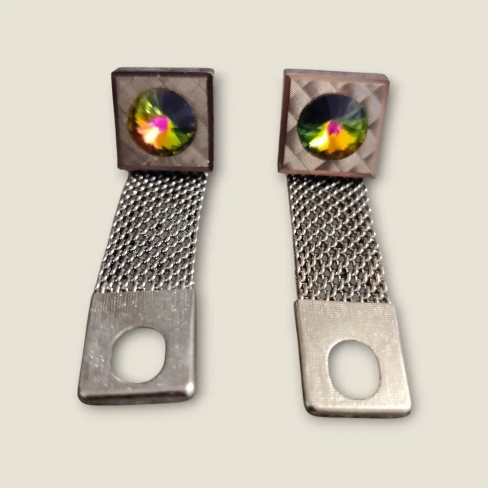 Vintage Estate Mesh Silver Tone Cufflinks With Watermelon Rhinestone